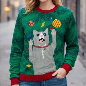 Blizzard Bay Crazy Cat Lovers Ugly Christmas Sweater Green Multicolored Medium